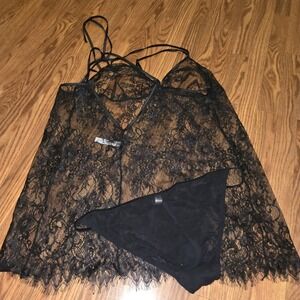 Adore Me Plus Size 1X Sheer Unlined Lace Fringe Black Babydoll & Panty Set
